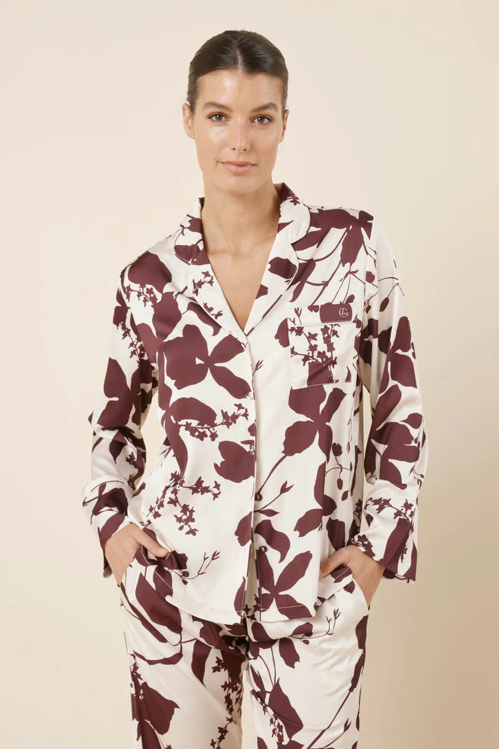 Gingerlilly Ivy Silky Satin Pj Set Burgundy Floral