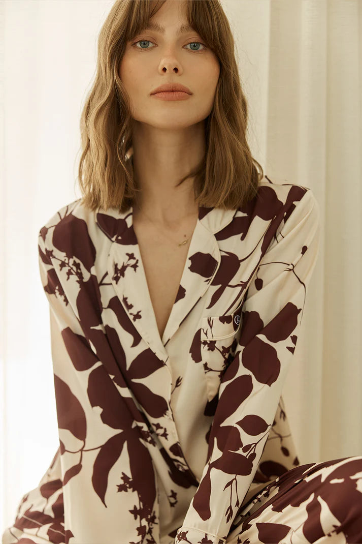 Gingerlilly Ivy Silky Satin Pj Set Burgundy Floral