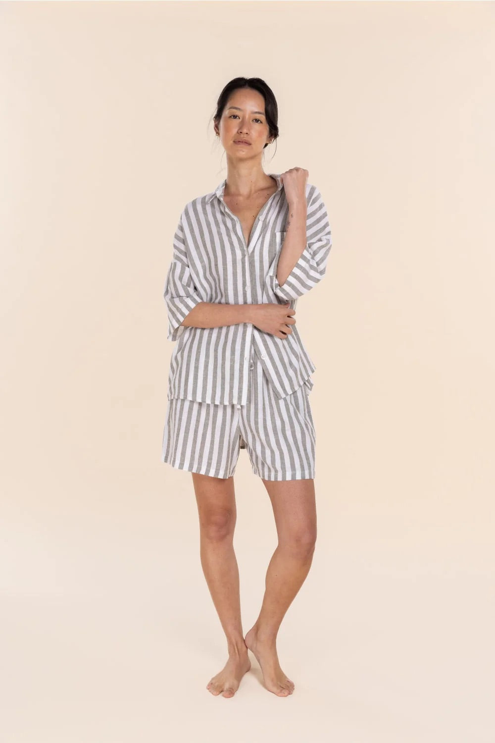 Gingerlilly EVIE Olive Stripe Linen Short Set